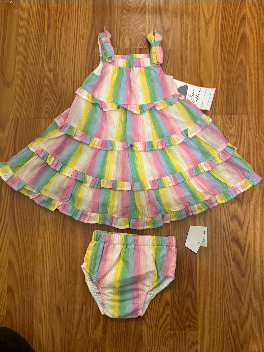 Rare Editions Pastel Rainbow Ruffle Dress Set - Pink, Yellow, Green, Blue
